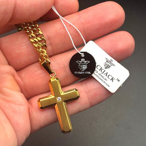 Blackjack BJP176G Mens Gold Stainless Steel Cross Pendant Necklace With CZ NIBWT - Picture 10 of 17